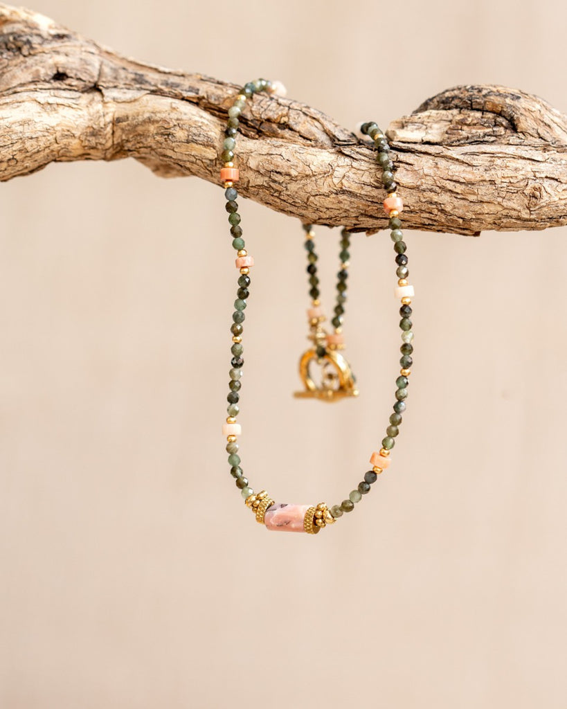 Halskette 33006 gold | green turmalin | pink opal